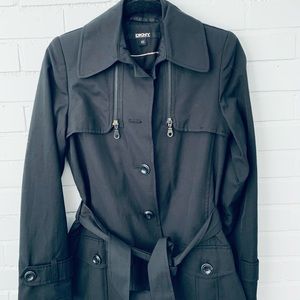 DKNY Modern Black Trench Coat Fully lined Sz XS
